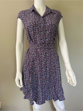 Tory Burch Silk Shirt Dress 0 Blue Red Abstract Print Belted Mini Dress